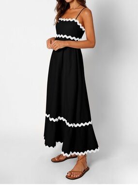 Black Maxi Sundress with White Scallop Trim
